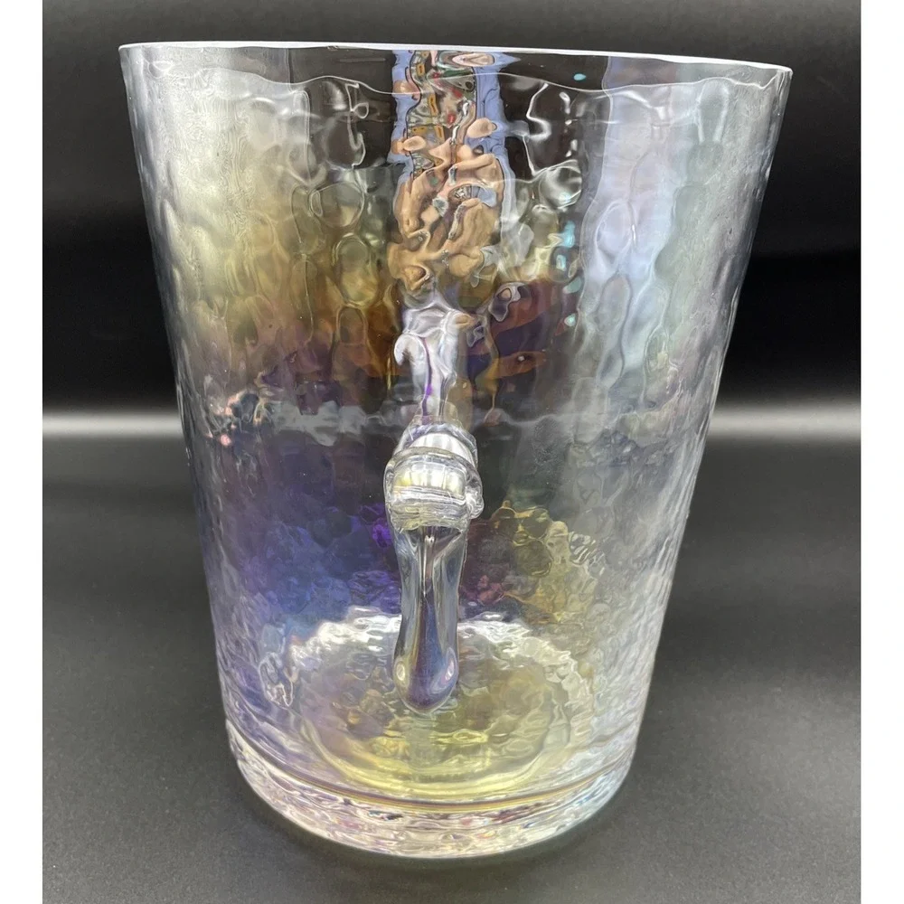 Anthropologie Zaza Iridescent Hammered Glass Ice Bucket Scroll Handles 8.5in H